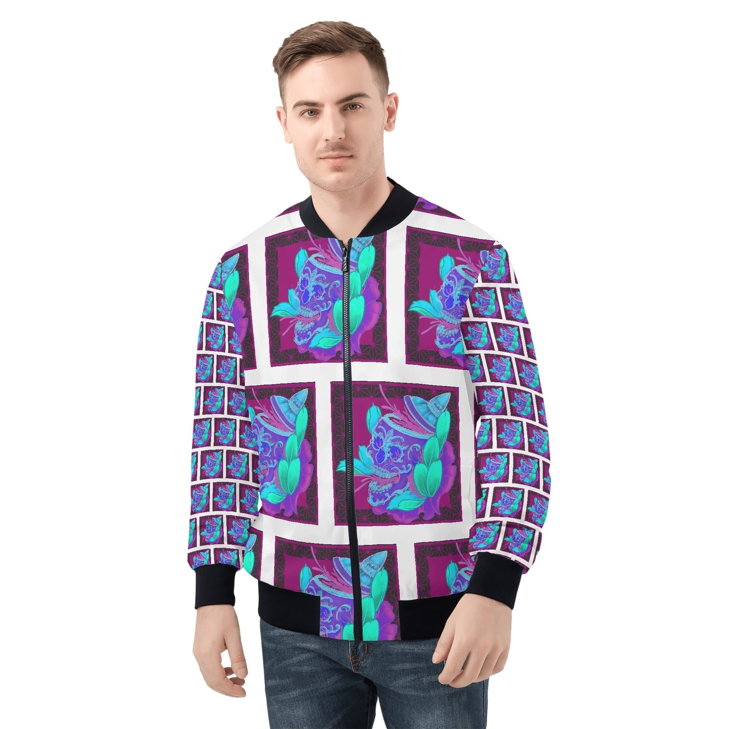 Mo & Chiswell Purple Stones All Over Print Zip Bomber Jacket