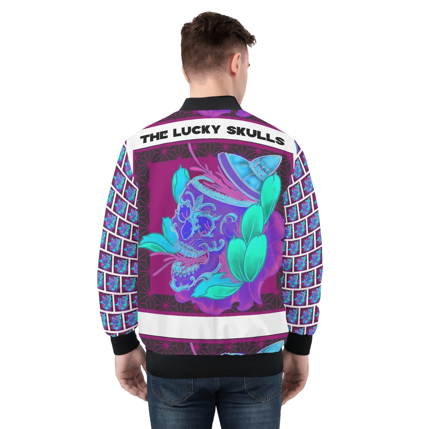 Mo & Chiswell Purple Stones All Over Print Zip Bomber Jacket