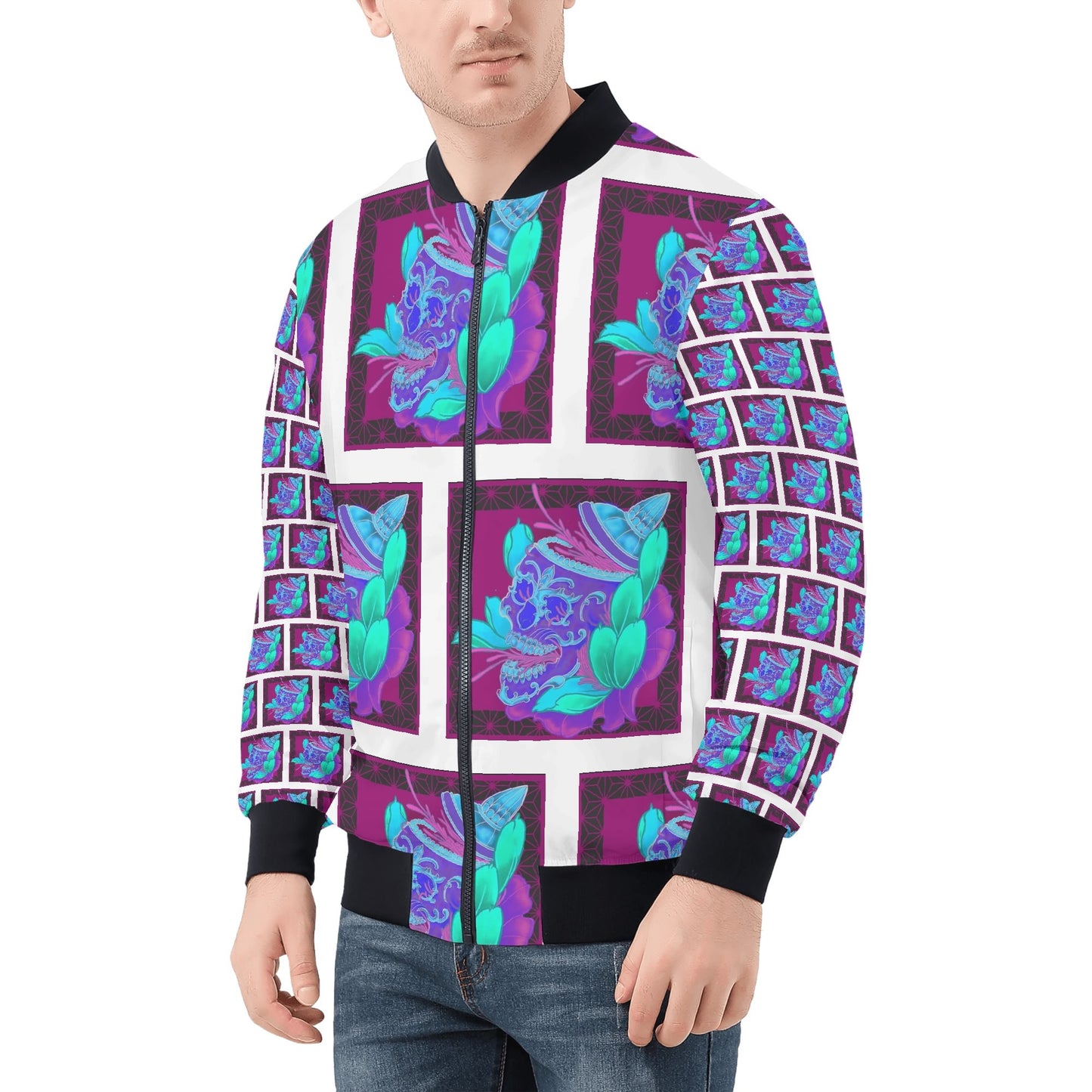 Mo & Chiswell Purple Stones All Over Print Zip Bomber Jacket