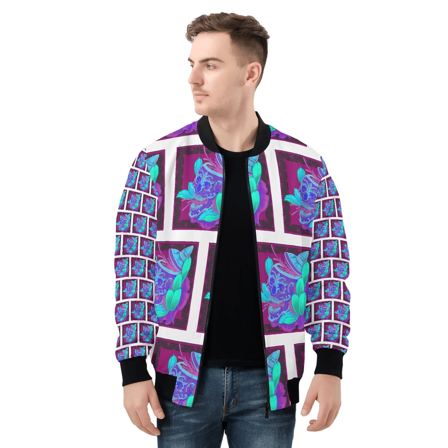 Mo & Chiswell Purple Stones All Over Print Zip Bomber Jacket