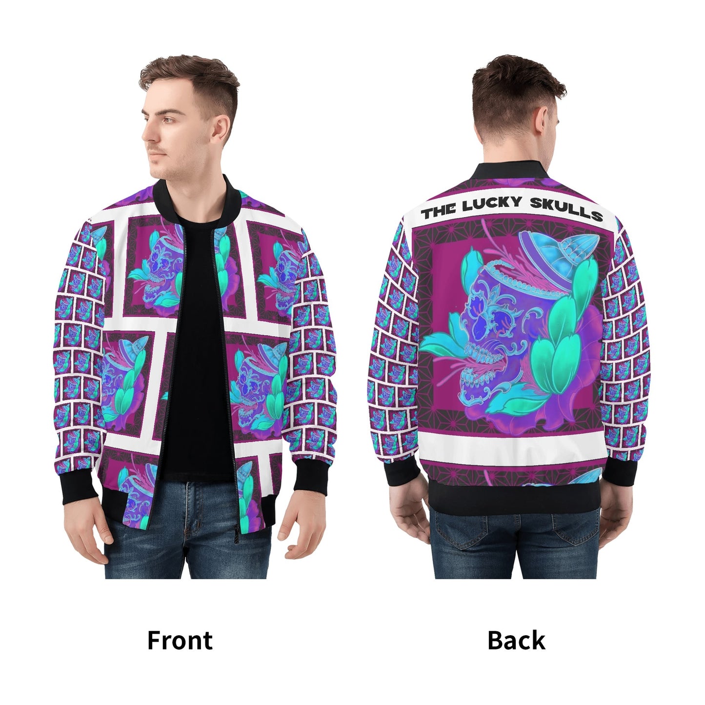 Mo & Chiswell Purple Stones All Over Print Zip Bomber Jacket